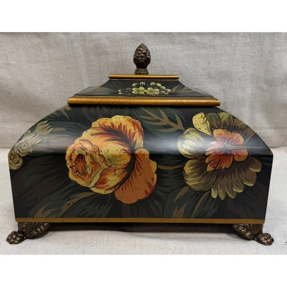 Vintage Floral Hand Painted Decorative Jewelry Box Lion Paw Feet Pinecone Finial